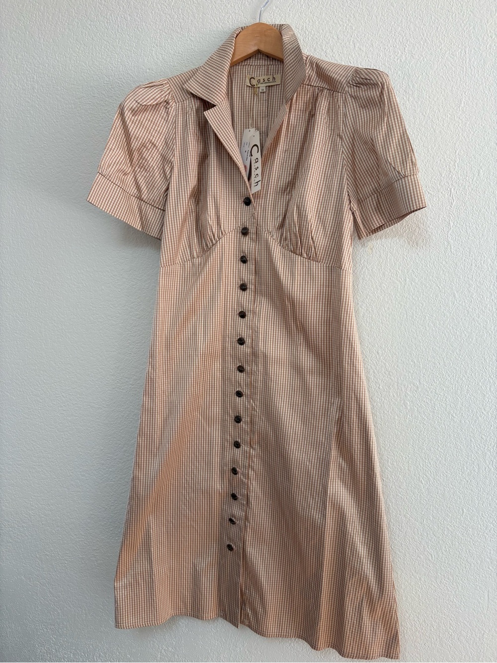 100% silk Beige Striped Button-Front Midi Dress